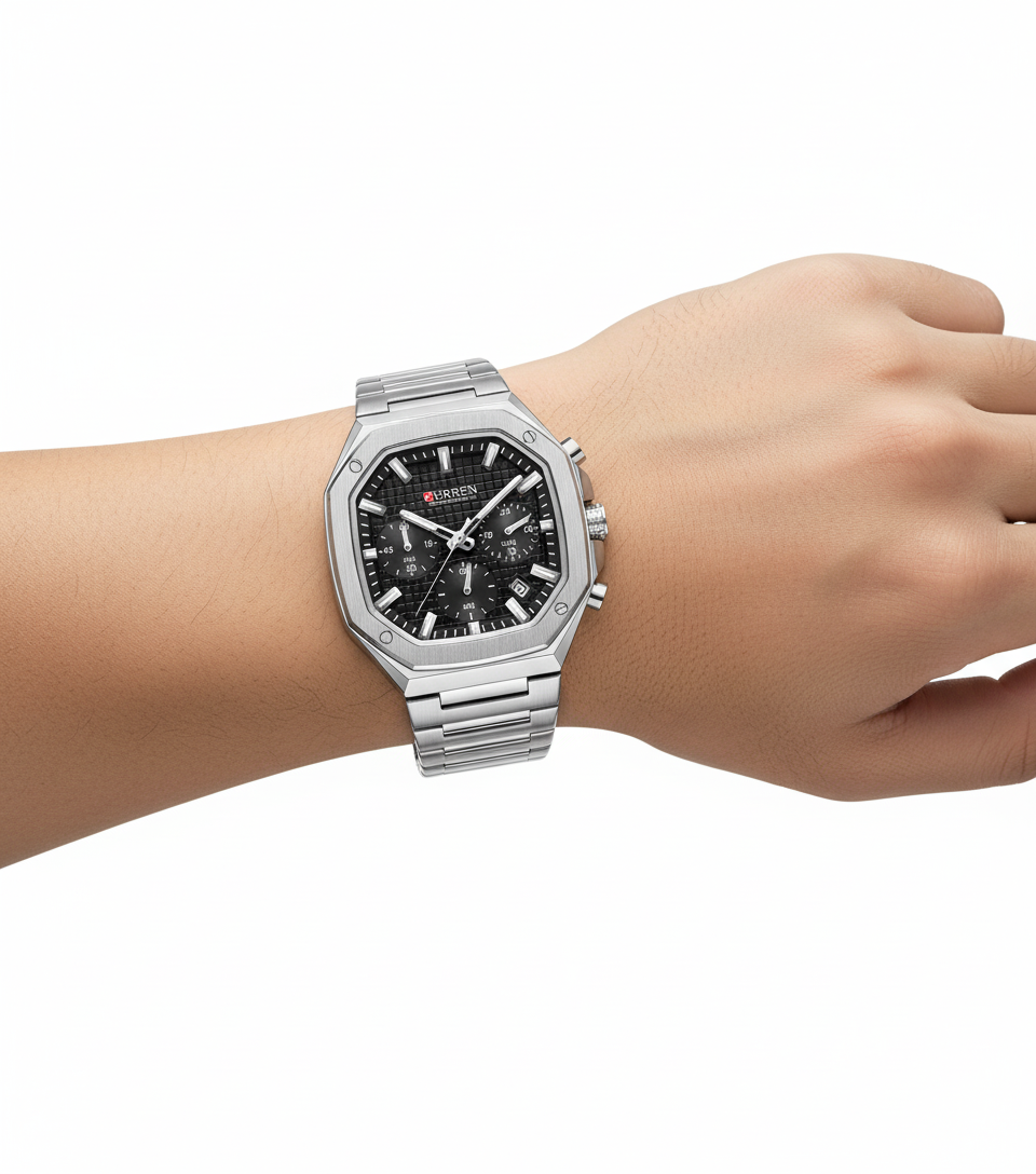 Montre Homme Curren 8459 – Fond Noir Carré en Acier Inoxydable