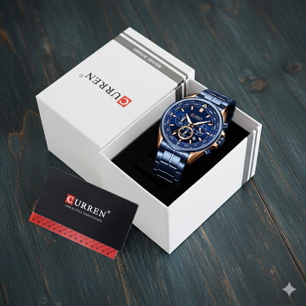 Montre Chronographe Homme Élégante Bleue et Dorée - Pièce d'Horlogerie de Luxe CURREN