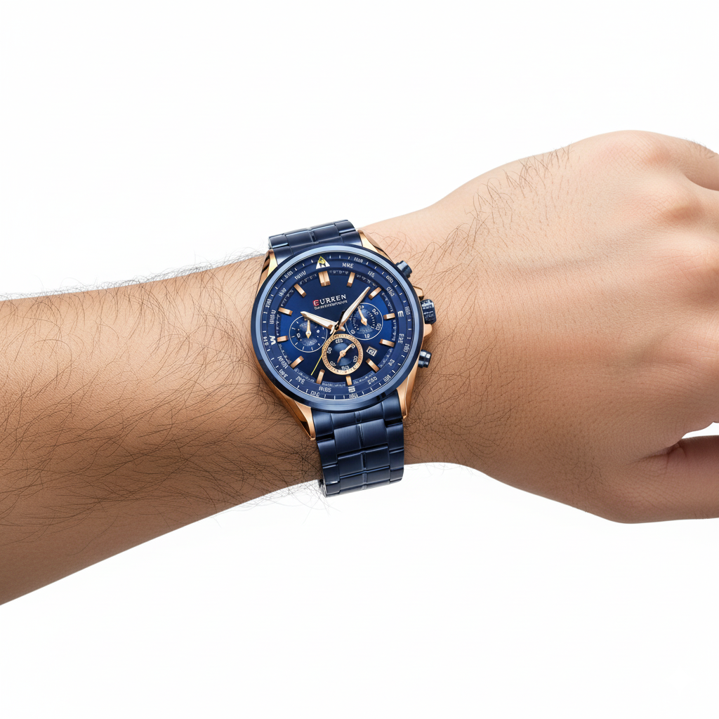 Montre Chronographe Homme Élégante Bleue et Dorée - Pièce d'Horlogerie de Luxe CURREN