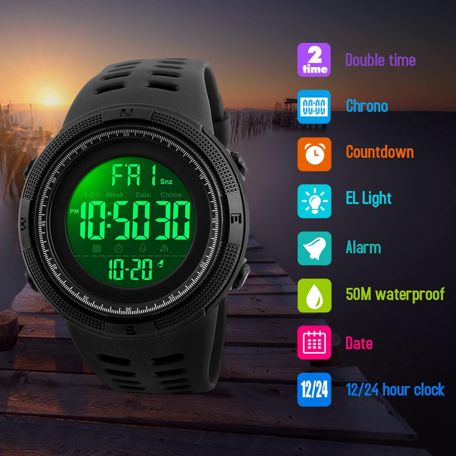 Montre Numérique Sport TOMI Homme & Femme – Étanche 5ATM, Chronographe Multifonction LED