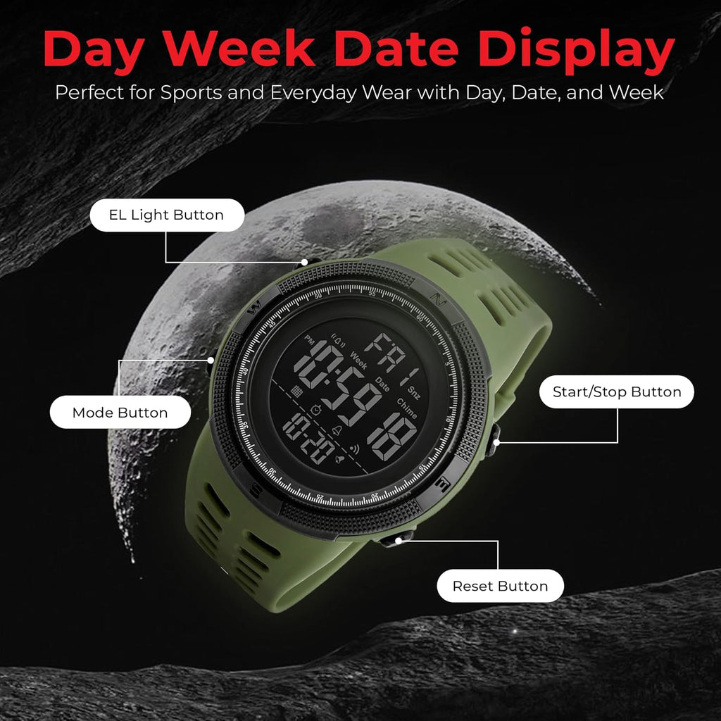 Montre Numérique Sport TOMI Homme & Femme – Étanche 5ATM, Chronographe Multifonction LED