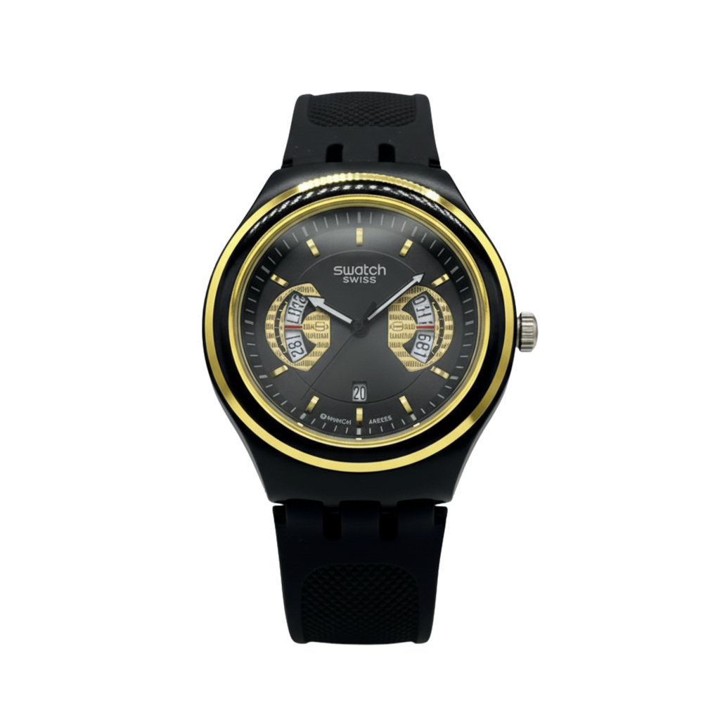 Montre Swatch Chronographe Noire et Or - Design Bicolore Élégant