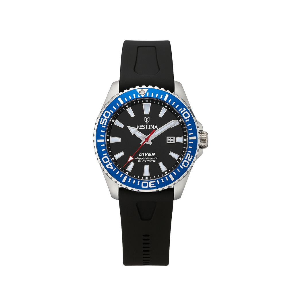 Montre Festina Diver 200M Saphir – Lunette Bleue & Bracelet Silicone Noir