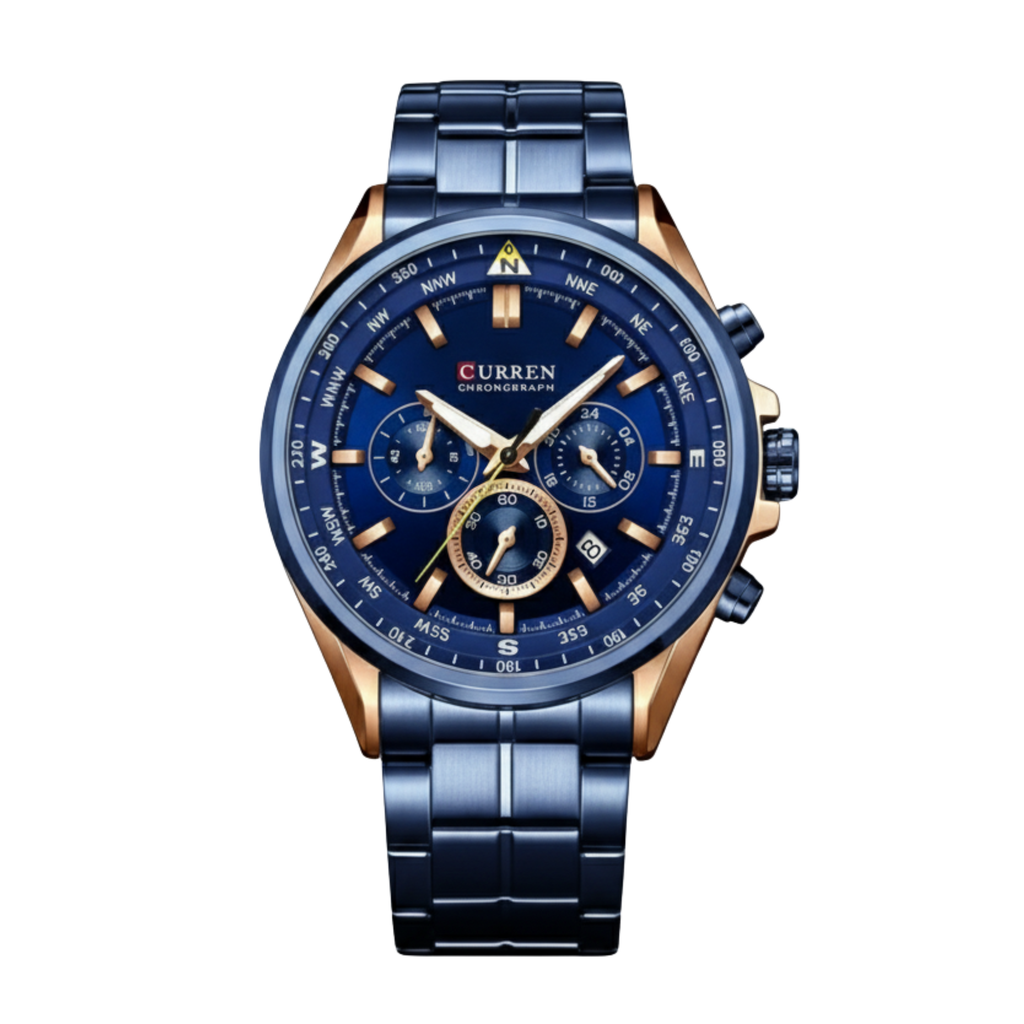 Montre Chronographe Homme Élégante Bleue et Dorée - Pièce d'Horlogerie de Luxe CURREN