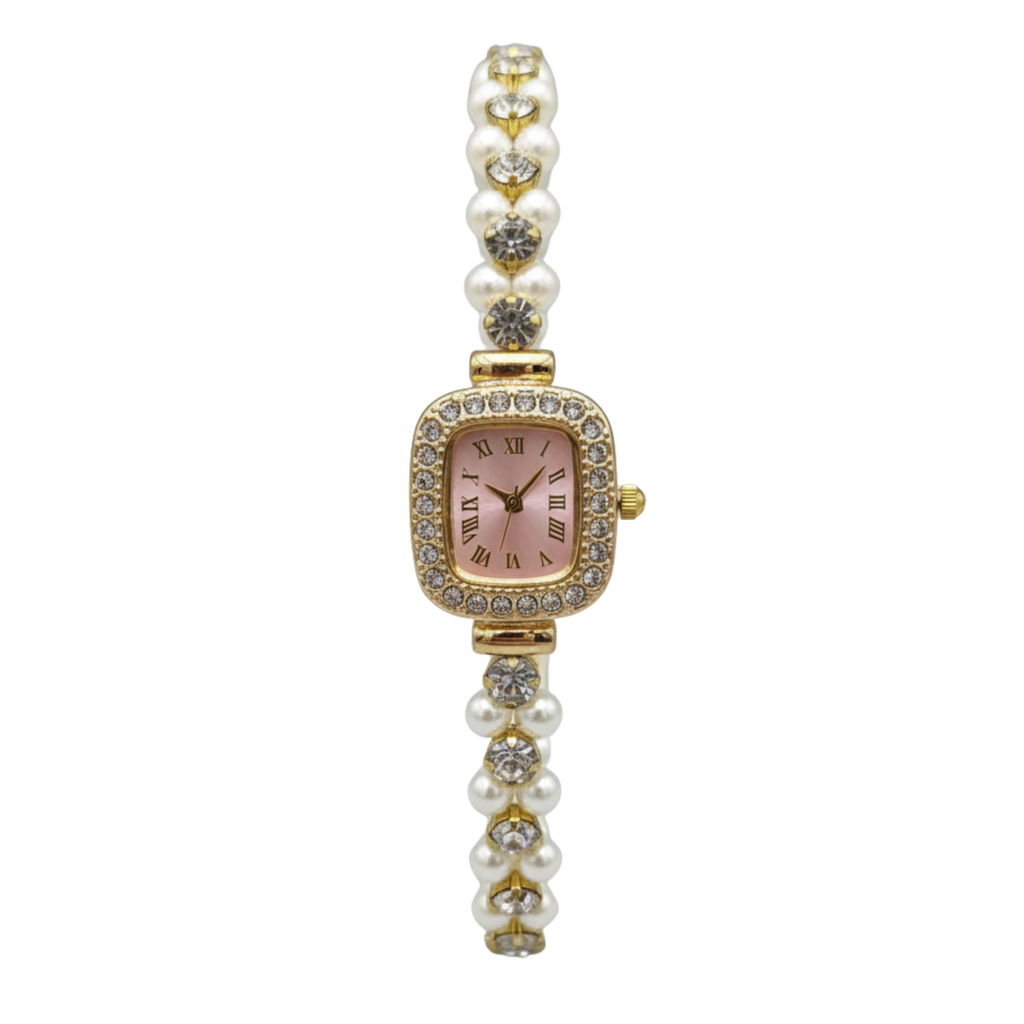 Montre Femme Élégante Rose Dorée avec Bracelet de Perles et Strass – Style Luxe & Chic Tunisie