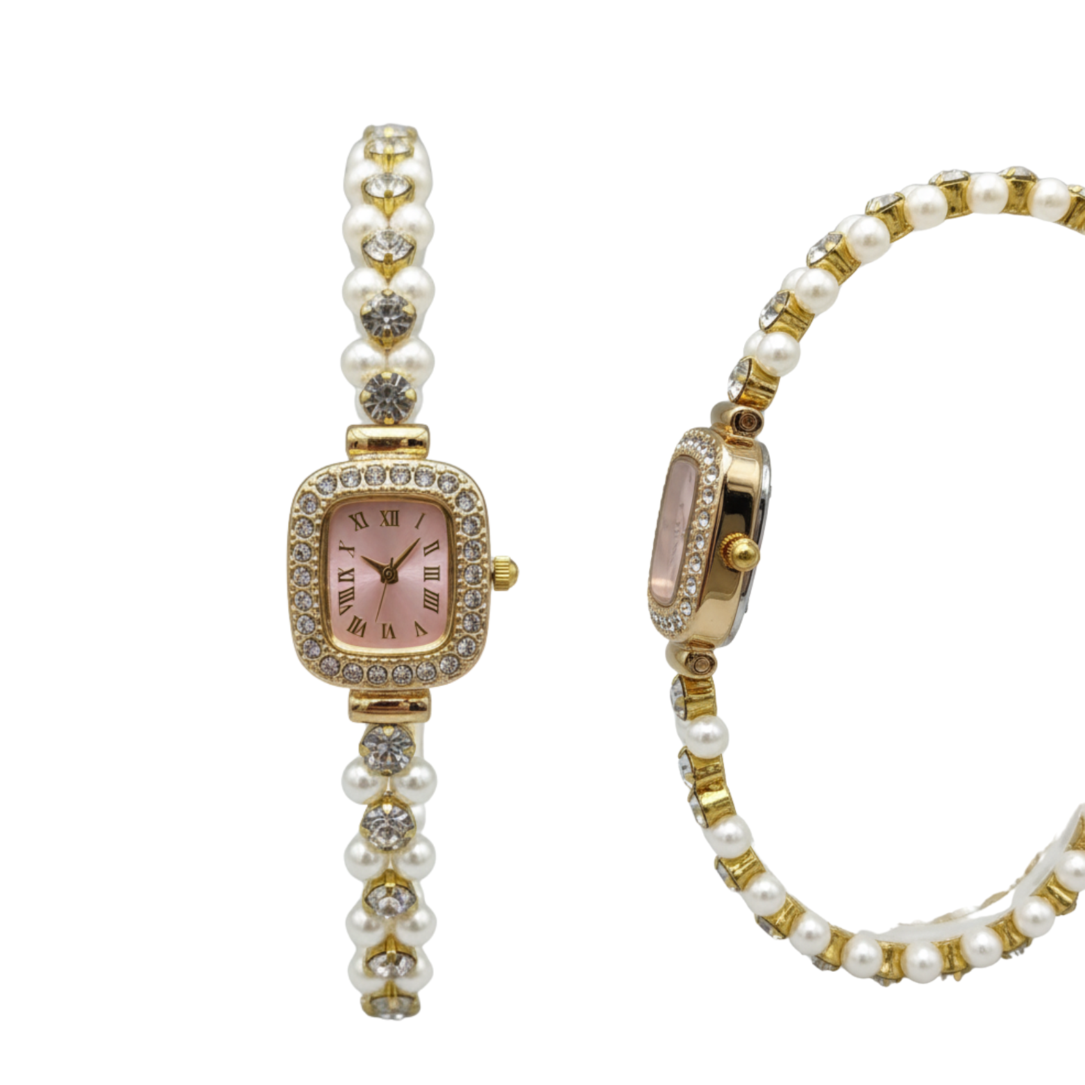 Montre Femme Élégante Rose Dorée avec Bracelet de Perles et Strass – Style Luxe & Chic Tunisie
