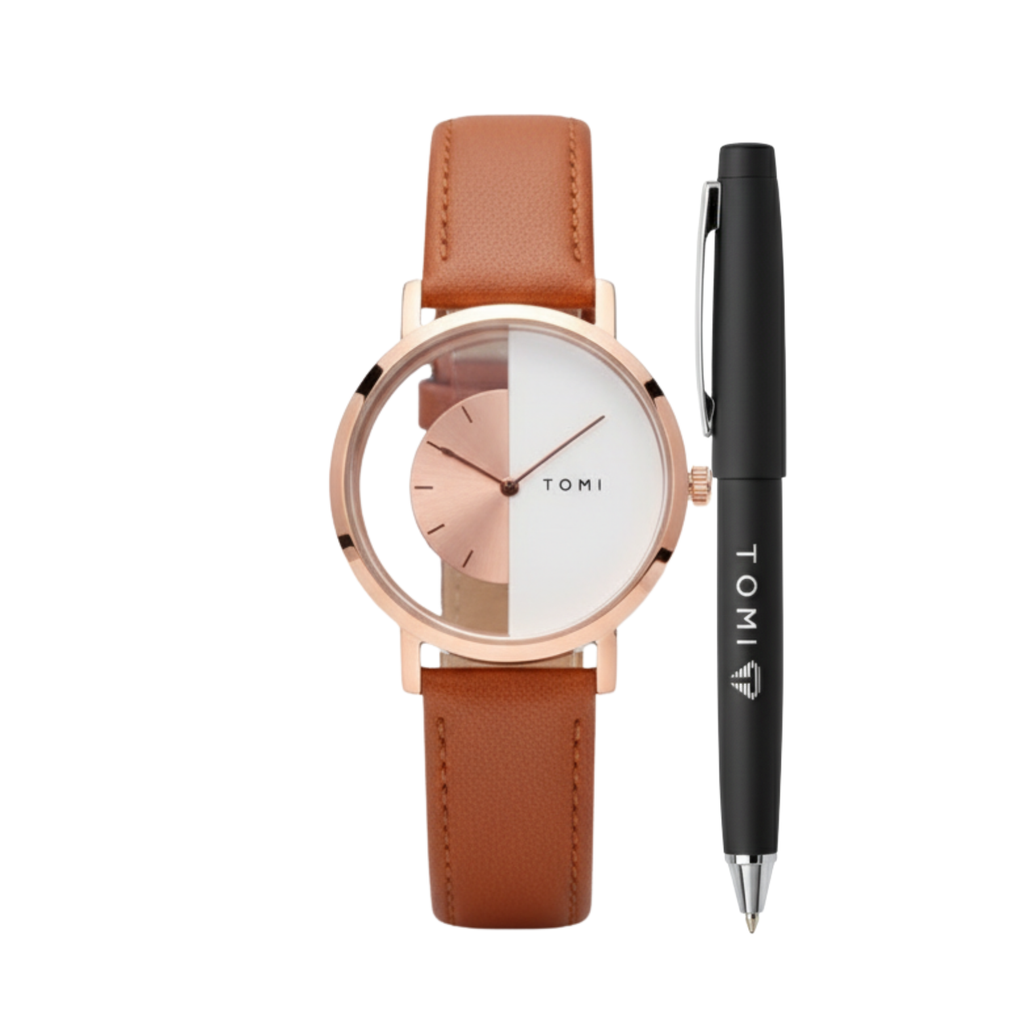 TOMI – Coffret Cadeau Montre & Stylo Premium – Cuir Marron & Boîtier Rose Gold