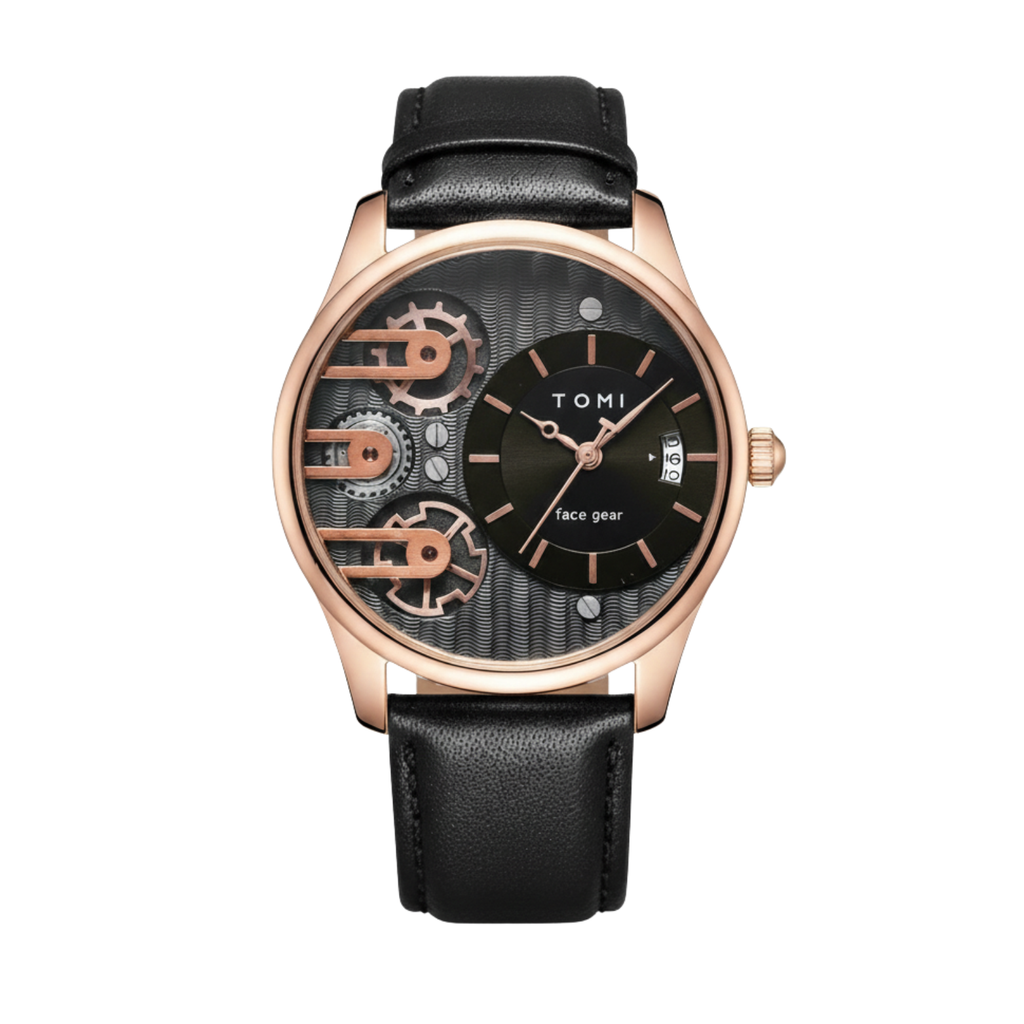TOMI Gear Edition – Montre Design Mécanique + Coffret 2 Bracelets (Noir & Marron)