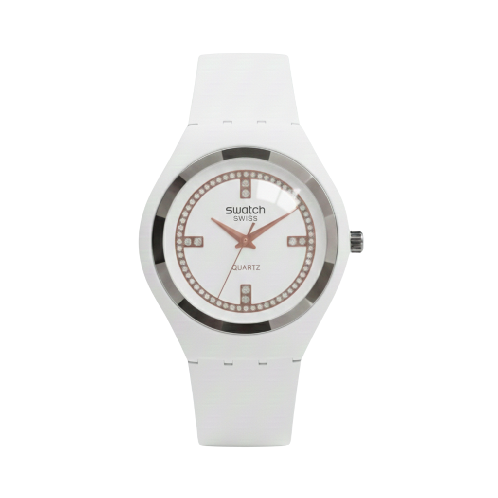 Swatch White Crystal Quartz – Édition Pure Snow (Modèle : SR-WHT38)