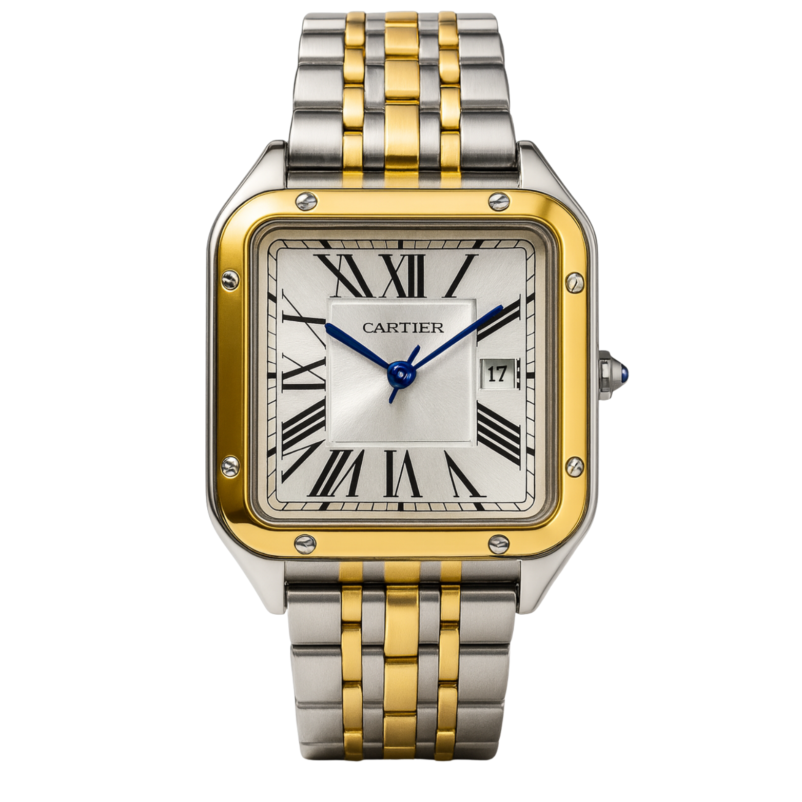 Montre Cartier Style Santos Bicolore – Bracelet Or et Argent, Cadran Romain et Aiguilles Bleues