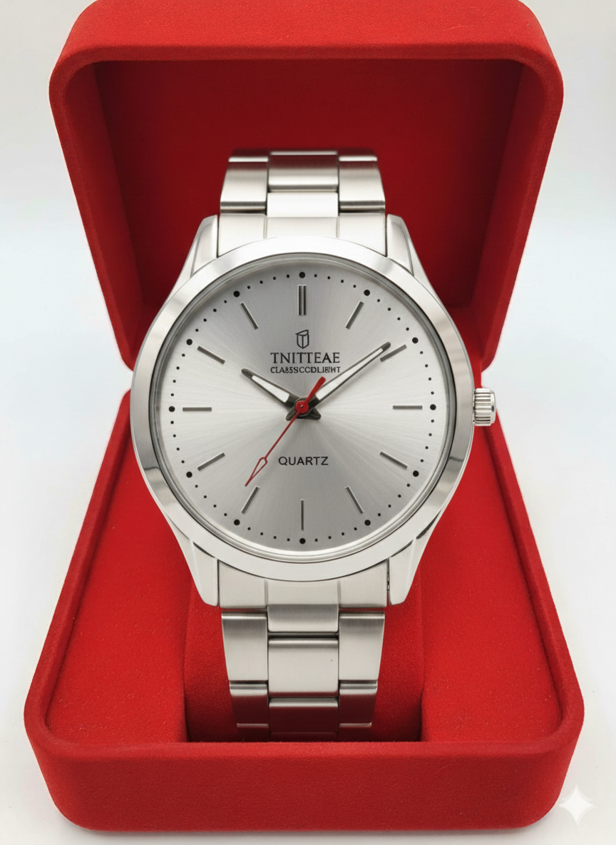 Montre Quartz Homme Argentée Classique avec Aiguille Rouge - Écrin Cadeau de Luxe