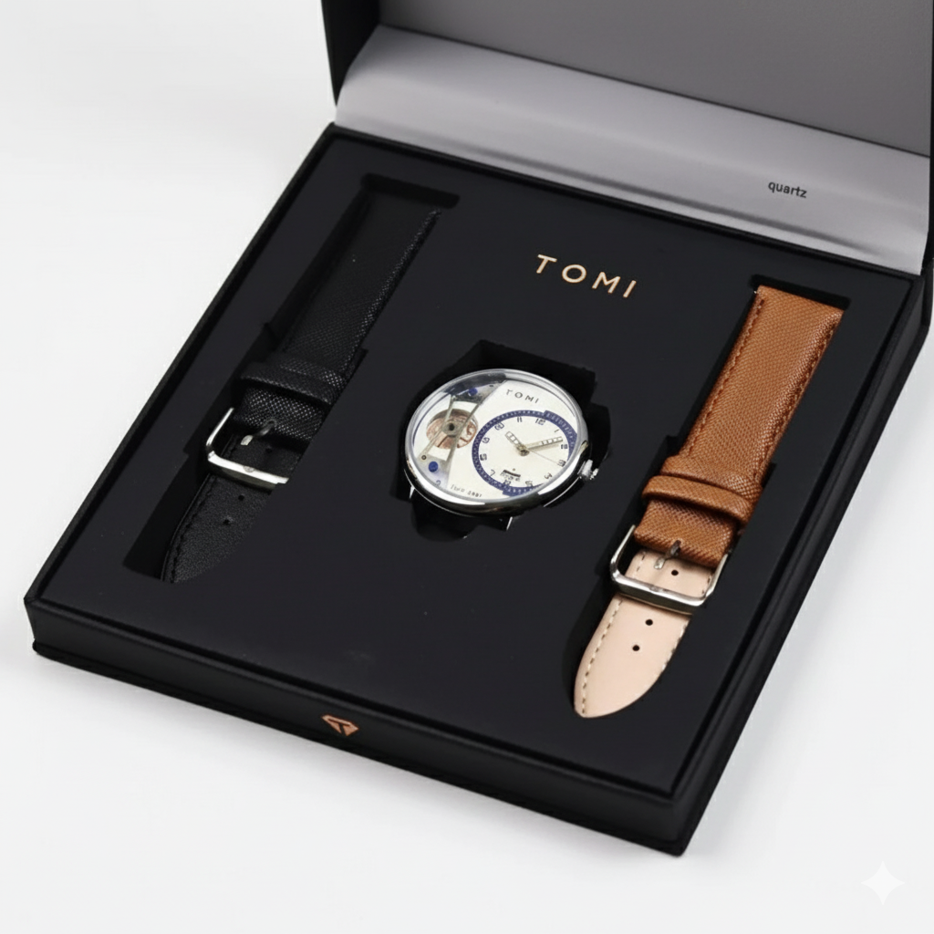 TOMI Classic Set – Montre Multifonction + 2 Bracelets Interchangeables (Noir & Marron)