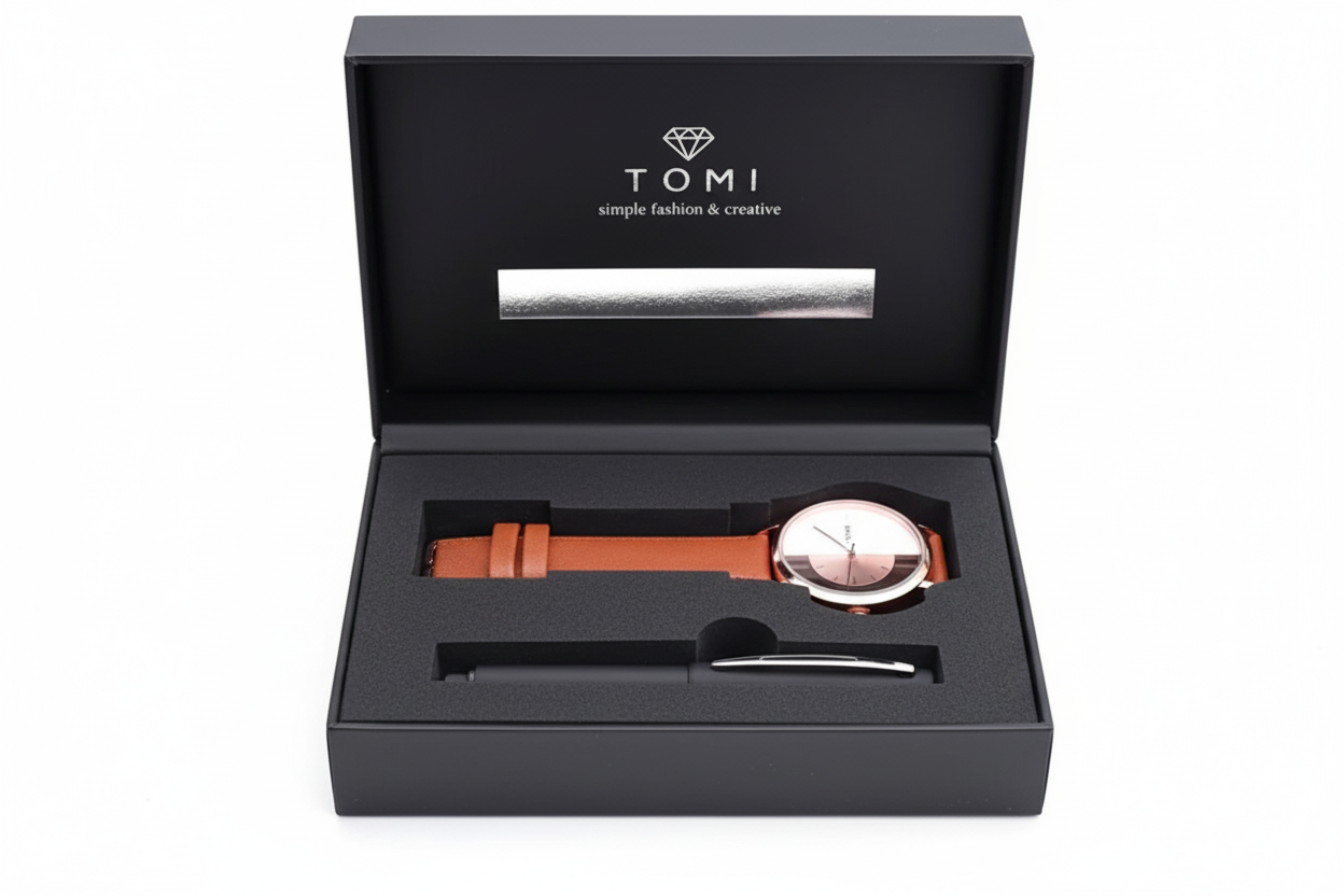 TOMI – Coffret Cadeau Montre & Stylo Premium – Cuir Marron & Boîtier Rose Gold