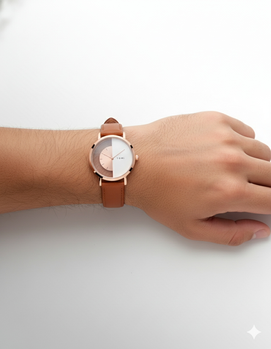 TOMI – Coffret Cadeau Montre & Stylo Premium – Cuir Marron & Boîtier Rose Gold