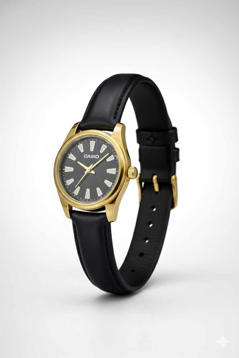 Montre Casio Classique – Boîtier Doré, Cadran Noir Texturé & Bracelet en Cuir