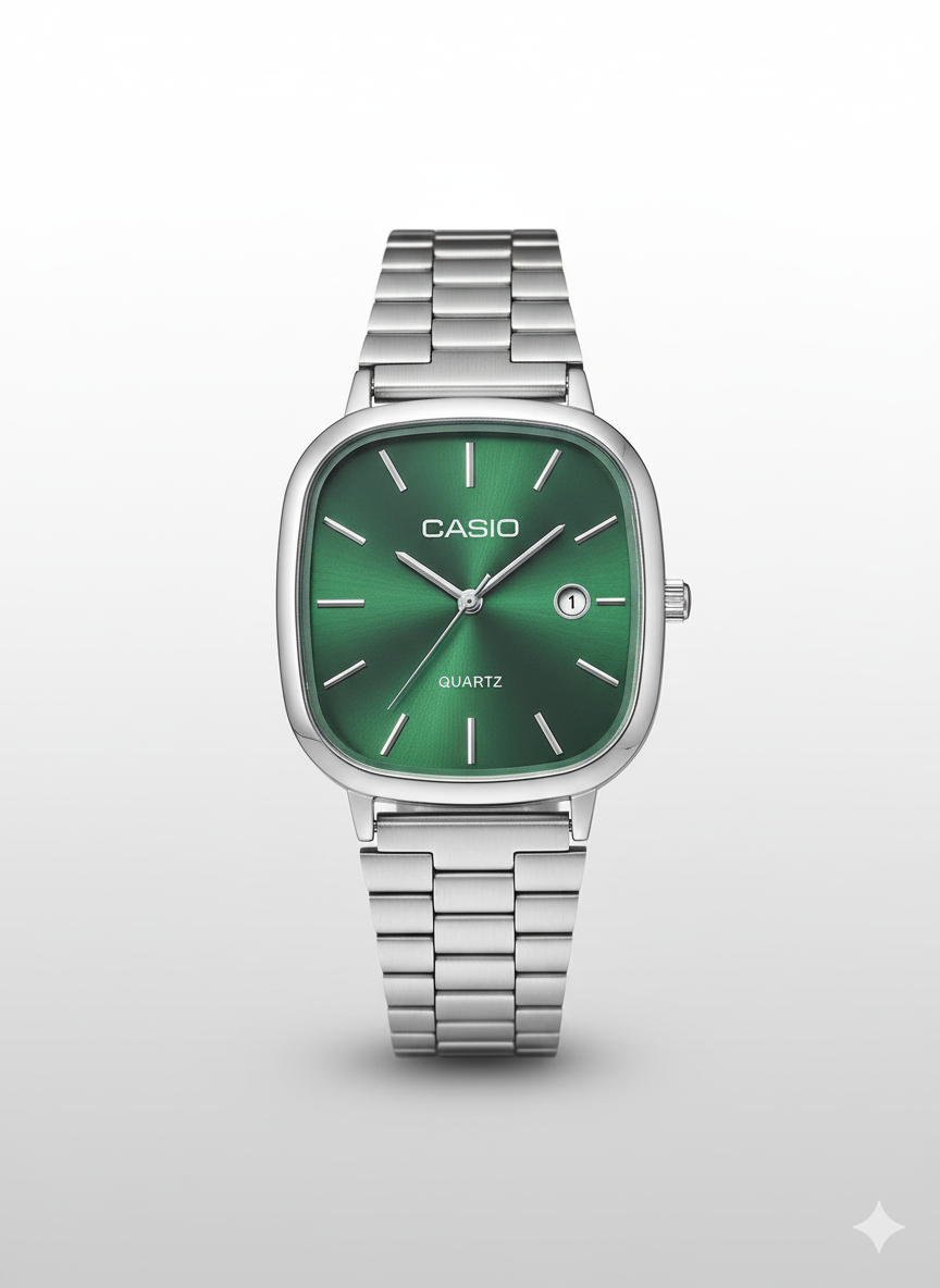 Montre Casio Analogique à Quartz – Boîtier Coussin Argenté, Cadran Soleil Vert Émeraude, Bracelet en Acier Inoxydable (Série MTP-B145)