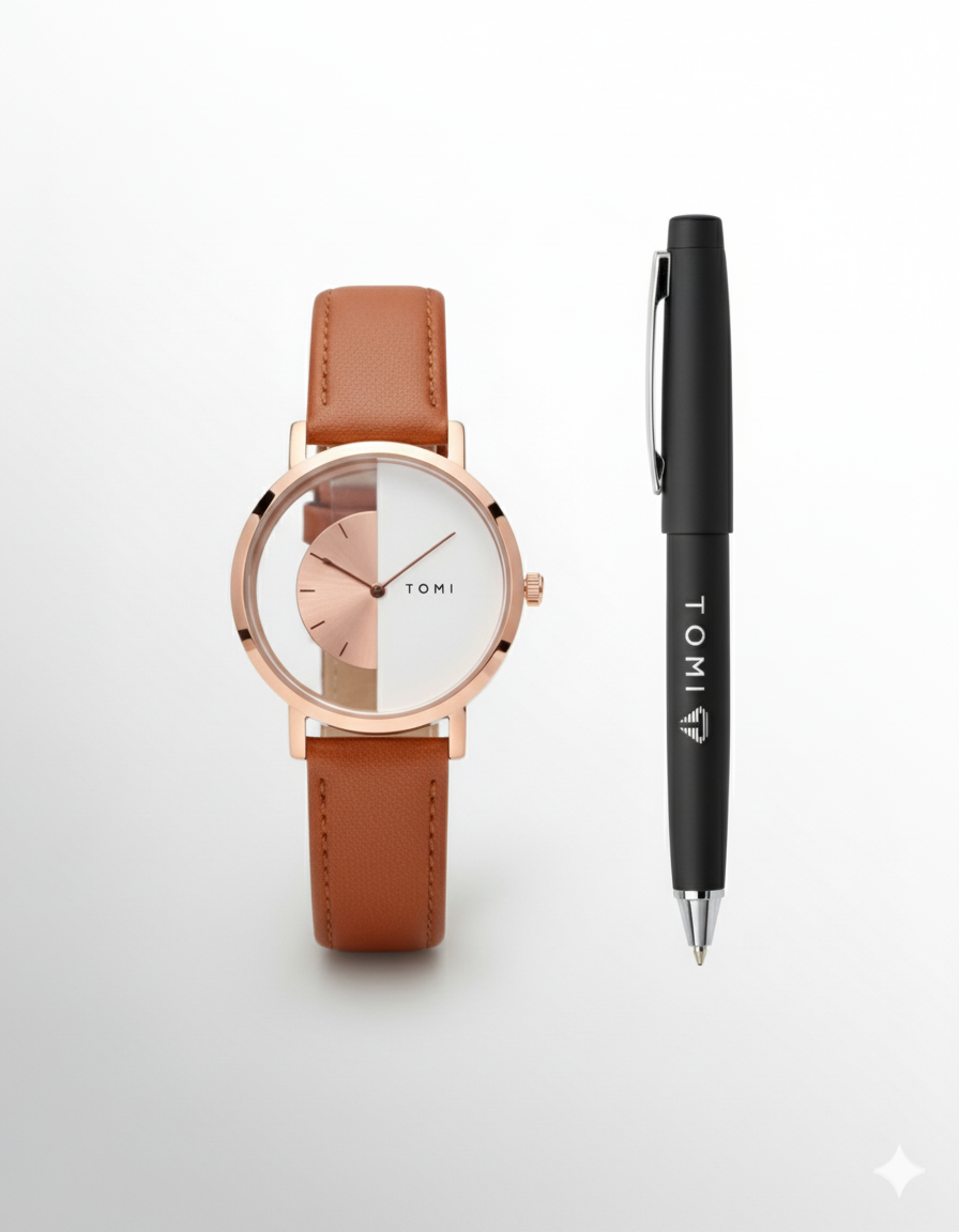 TOMI – Coffret Cadeau Montre & Stylo Premium – Cuir Marron & Boîtier Rose Gold