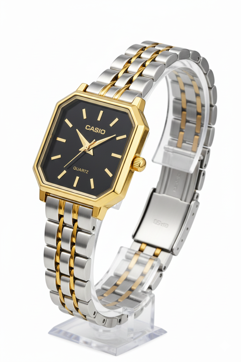 Montre Casio Femme Bicolore Cadran Noir - Élégance Octogonale Luxe Deux Tons
