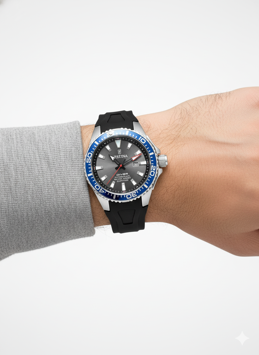 Montre Festina Diver 200M Saphir – Lunette Bleue & Bracelet Silicone Noir