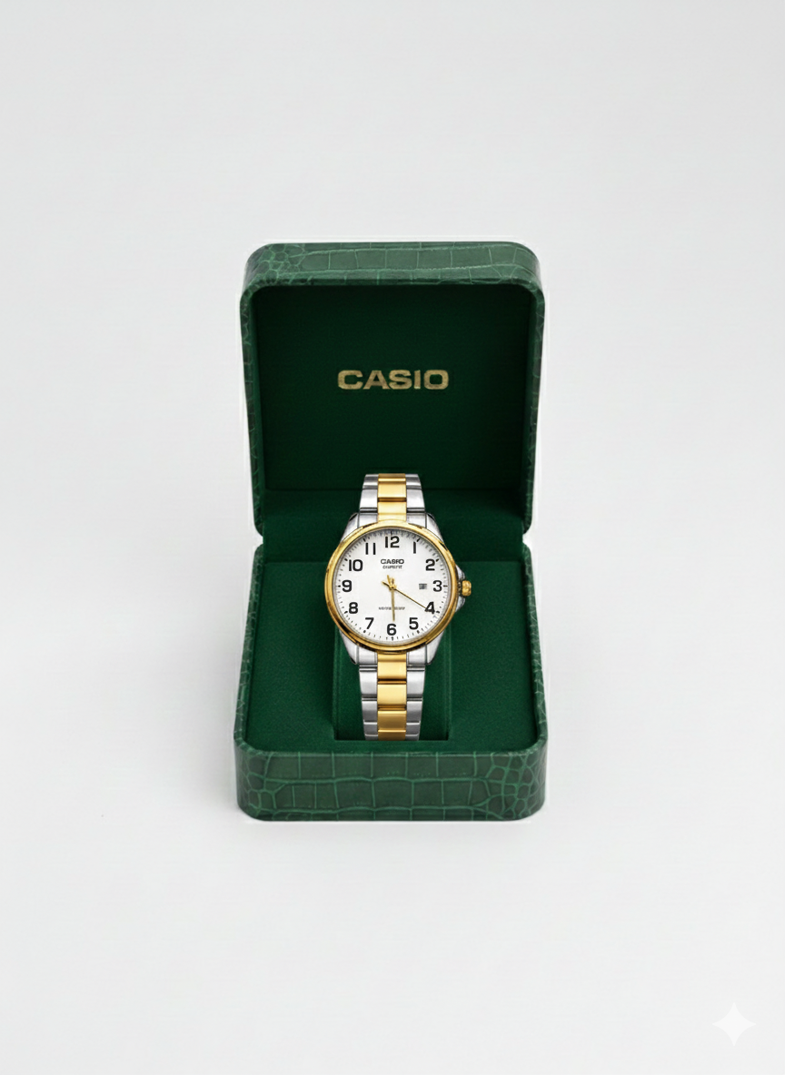 Montre Casio Quartz Bicolore pour Femme - Bracelet Acier Argenté et Doré - Cadran Blanc Chiffres Arabes - Résistante à l'Eau - Élégance Classique