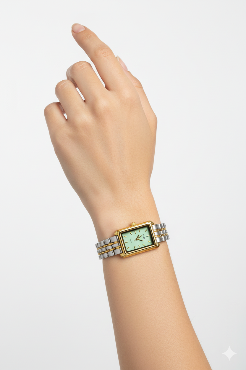 Montre Casio Femme Bicolore Cadran Vert Menthe - Élégance Deux Tons Or & Argent