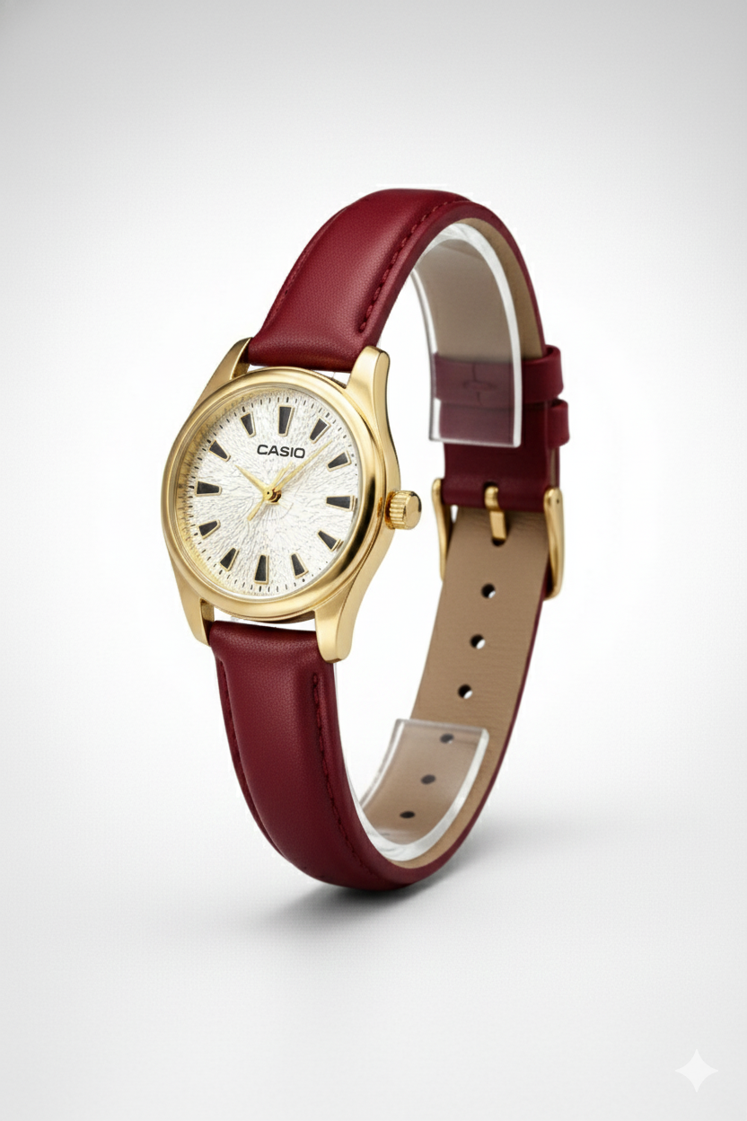 Montre Casio Élégante Analogique à Bracelet en Cuir Bordeaux et Boîtier Doré