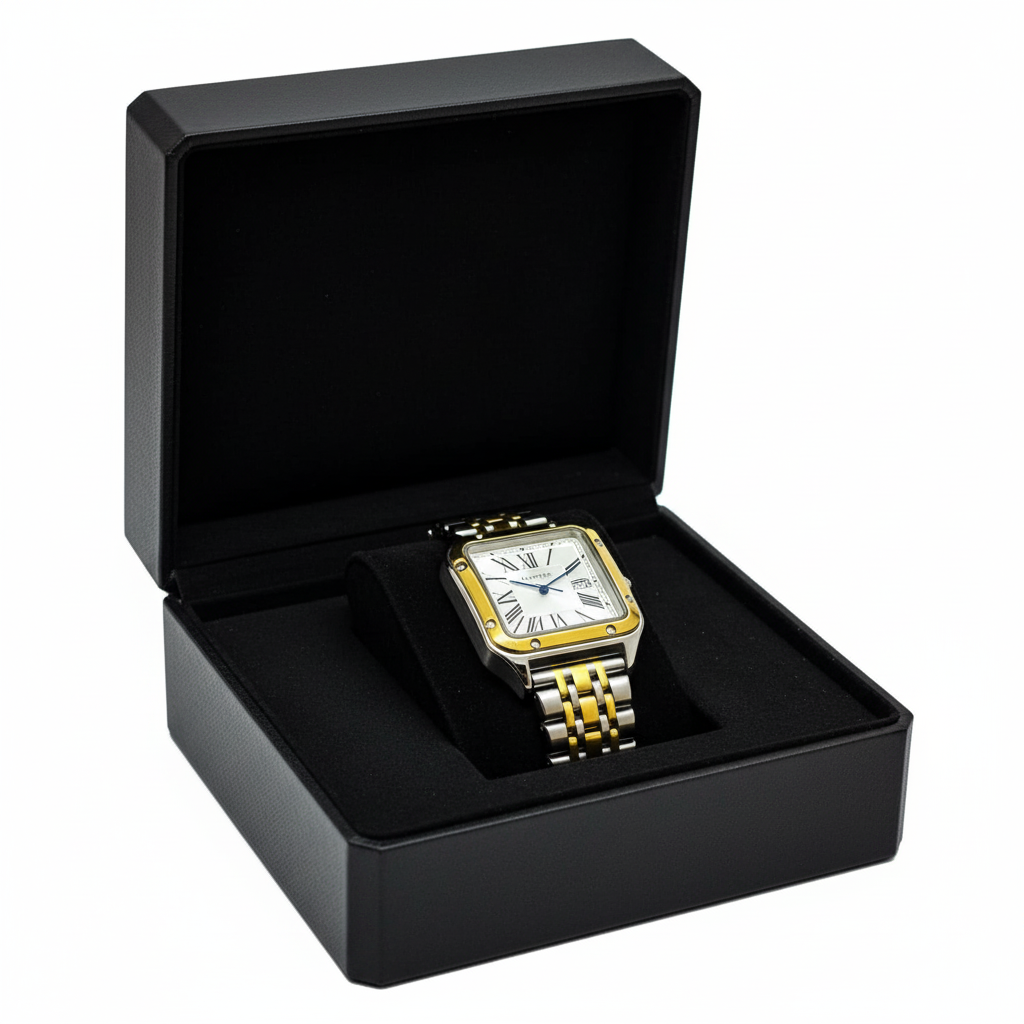 Montre Cartier Style Santos Bicolore – Bracelet Or et Argent, Cadran Romain et Aiguilles Bleues