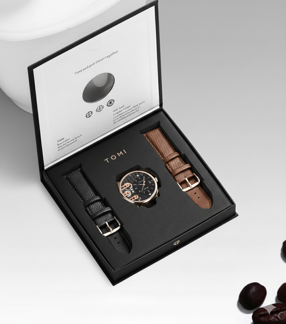 TOMI Gear Edition – Montre Design Mécanique + Coffret 2 Bracelets (Noir & Marron)