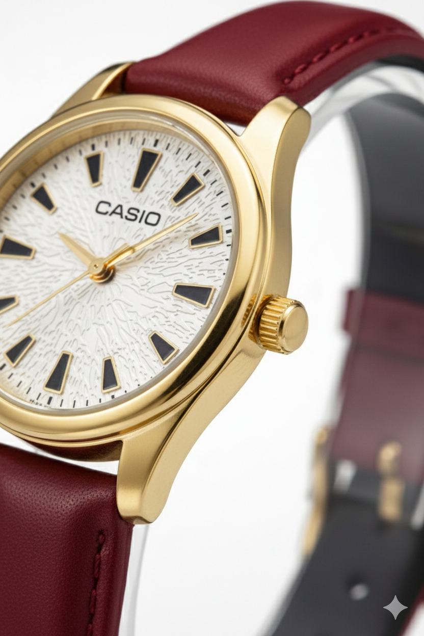 Montre Casio Élégante Analogique à Bracelet en Cuir Bordeaux et Boîtier Doré