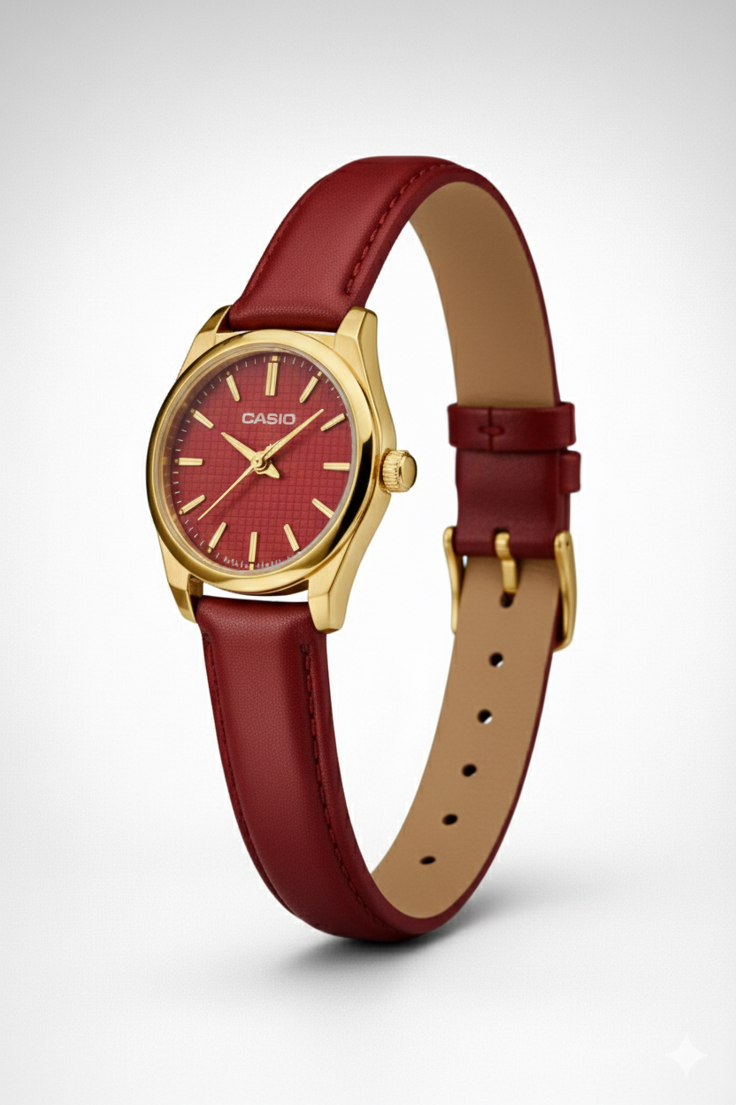 Montre Casio Classique Dorée à Cadran Rouge – Bracelet Cuir Rouge