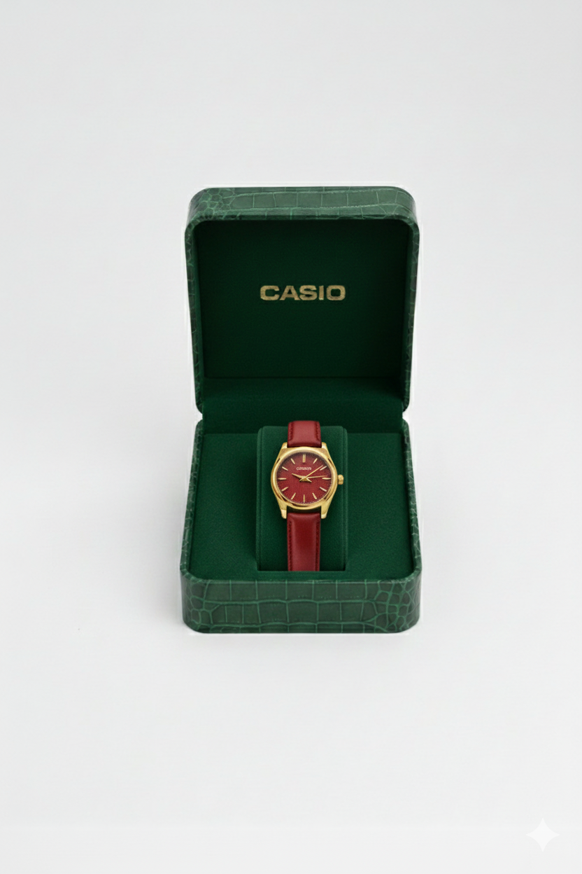 Montre Casio Classique Dorée à Cadran Rouge – Bracelet Cuir Rouge