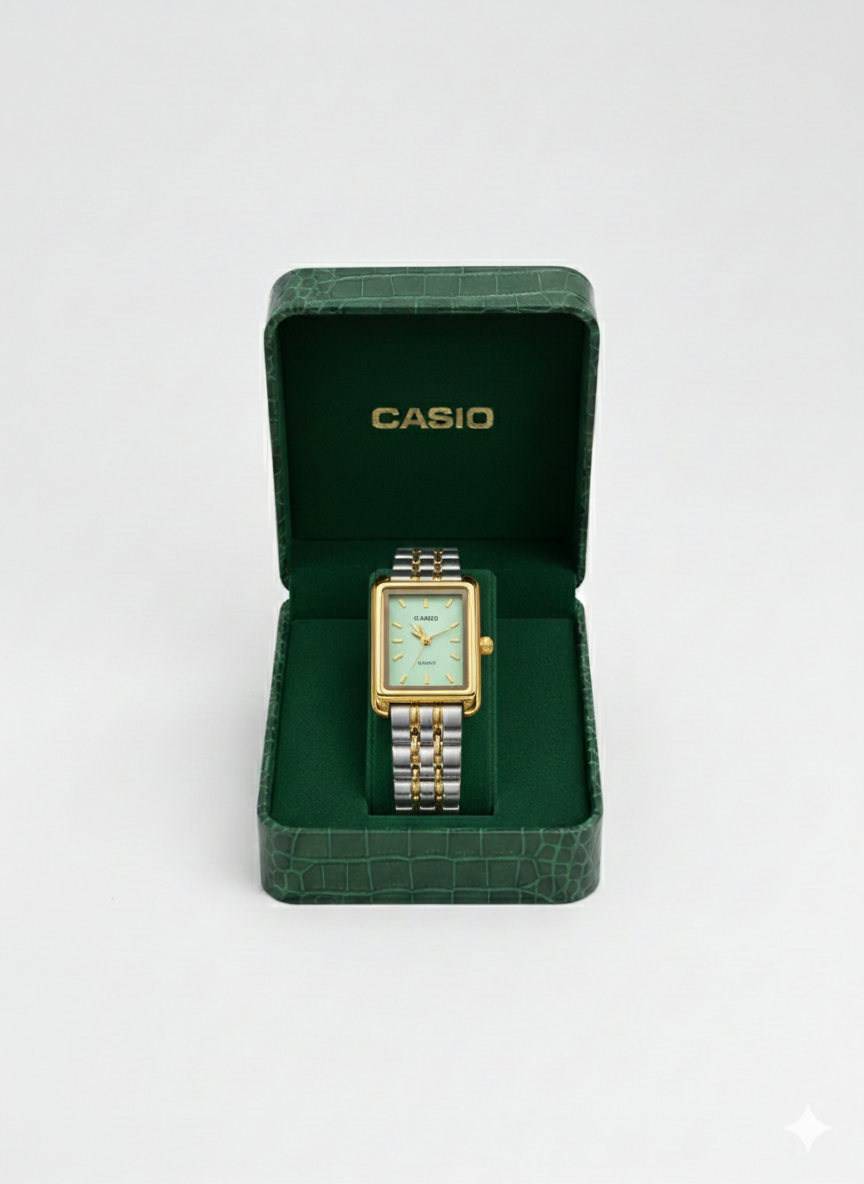 Montre Casio Femme Bicolore Cadran Vert Menthe - Élégance Deux Tons Or & Argent