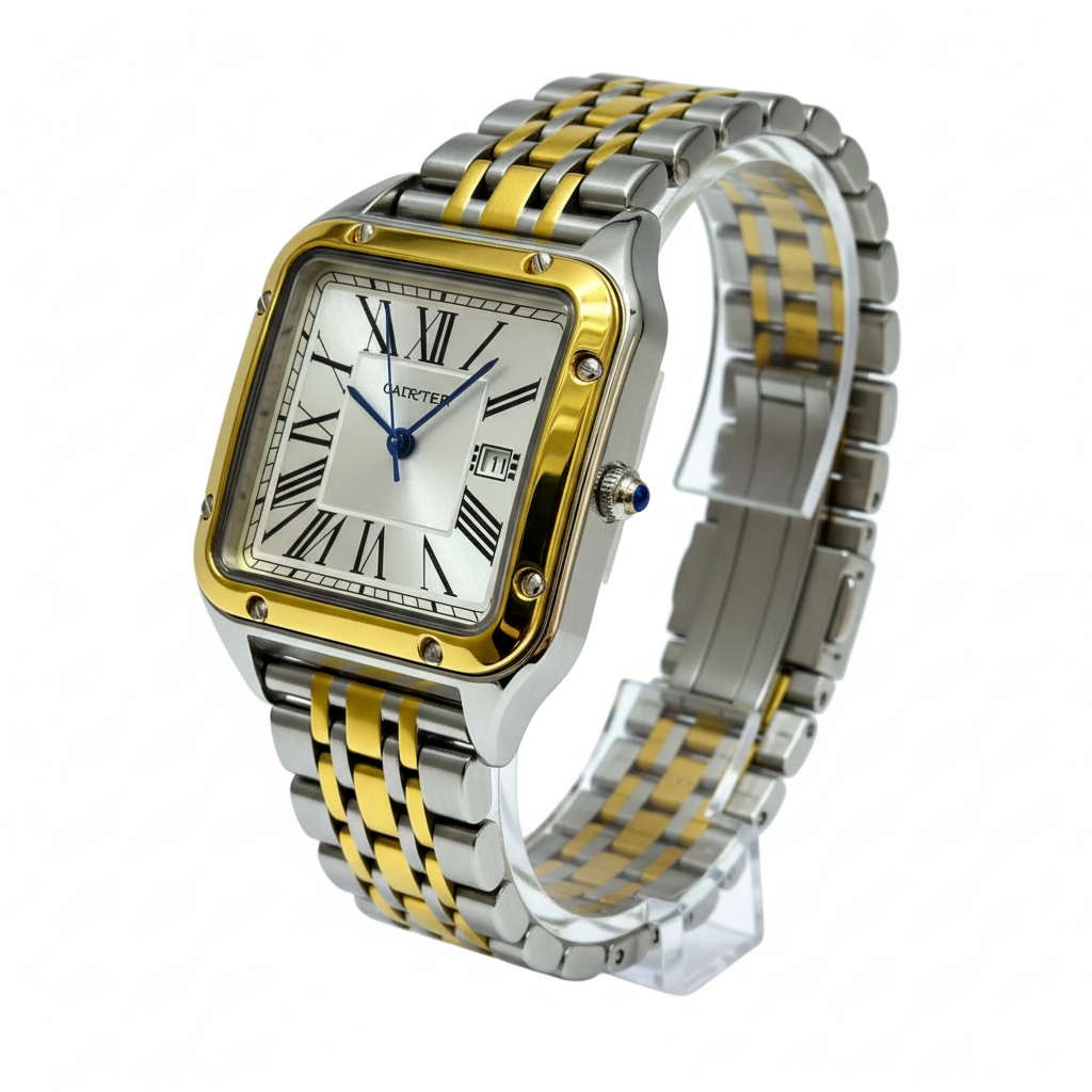 Montre Cartier Style Santos Bicolore – Bracelet Or et Argent, Cadran Romain et Aiguilles Bleues