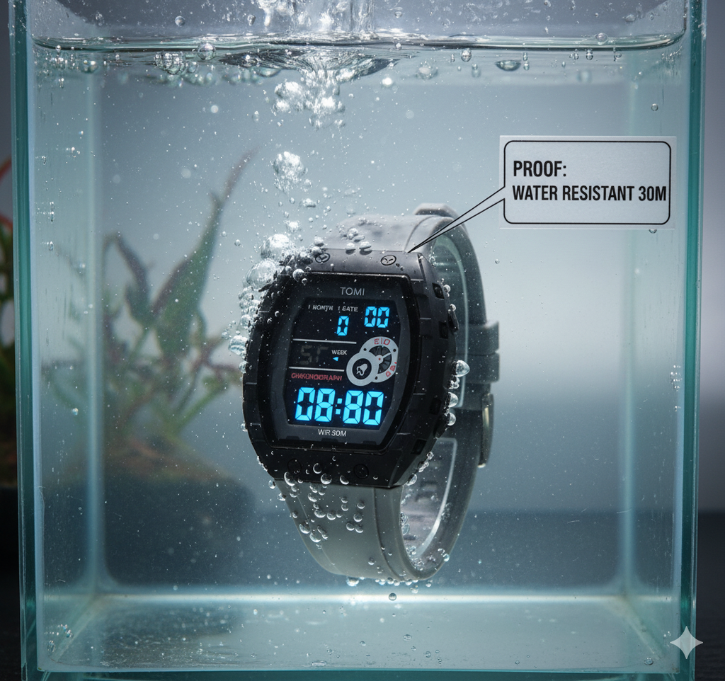 Montre Digitale TOMI Chronographe Noire avec Écran Lumineux – Étanche 30M