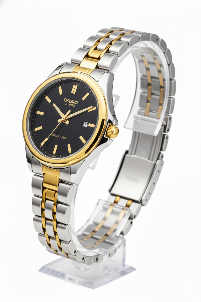 Montre Casio Femme Bicolore Cadran Noir avec Date - Élégance Ronde Classique Deux Tons