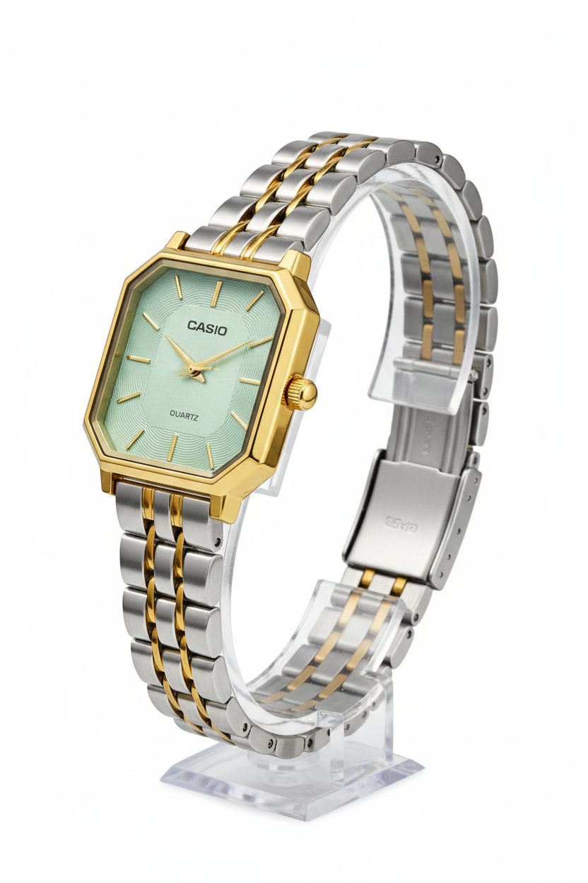 Montre Casio Femme Bicolore Cadran Vert Menthe Texturé - Élégance Octogonale Deux Tons