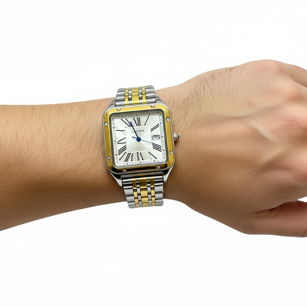 Montre Cartier Style Santos Bicolore – Bracelet Or et Argent, Cadran Romain et Aiguilles Bleues