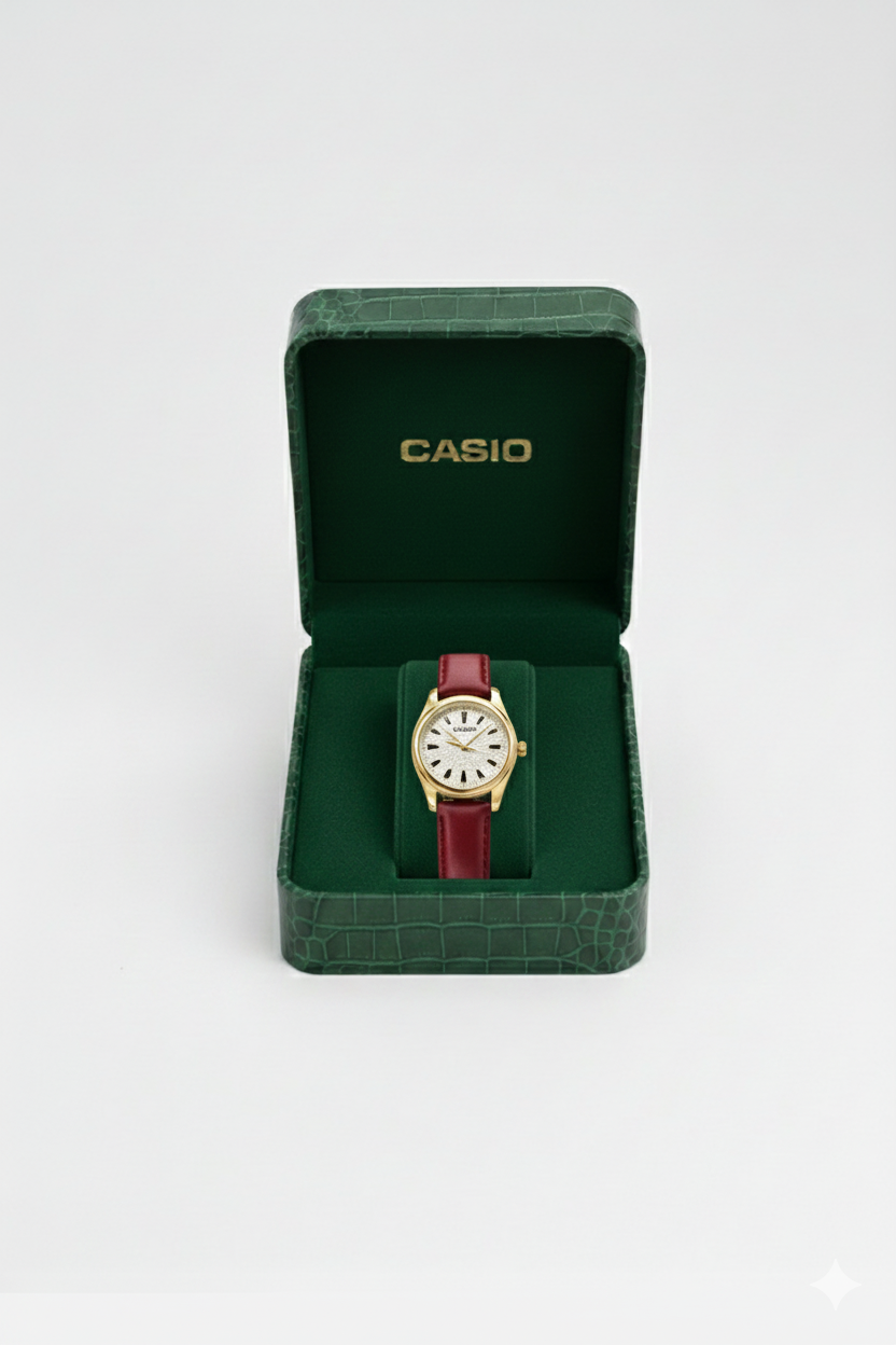 Montre Casio Élégante Analogique à Bracelet en Cuir Bordeaux et Boîtier Doré