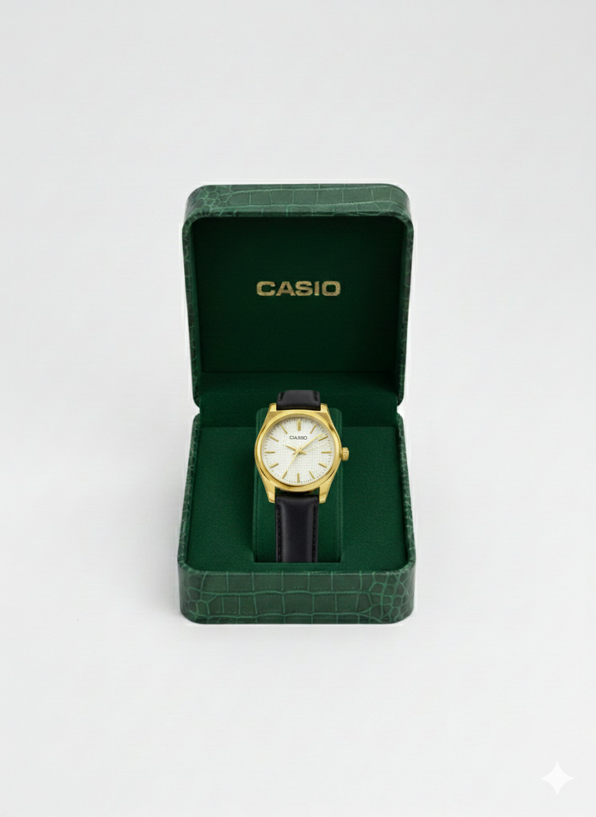 Montre Casio Classique – Boîtier Doré, Cadran Noir Texturé & Bracelet en Cuir