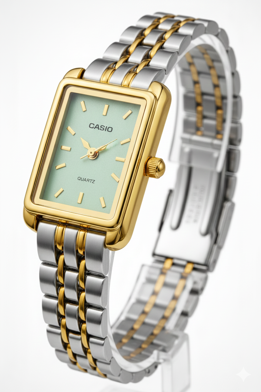 Montre Casio Femme Bicolore Cadran Vert Menthe - Élégance Deux Tons Or & Argent