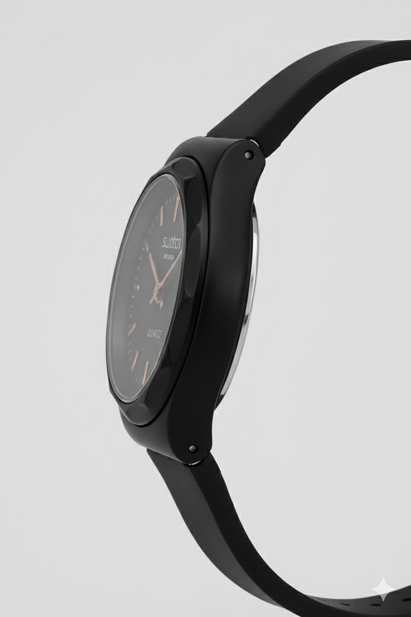 Montre Swatch Noire Mat & Or Rose - L'Élégance Minimaliste