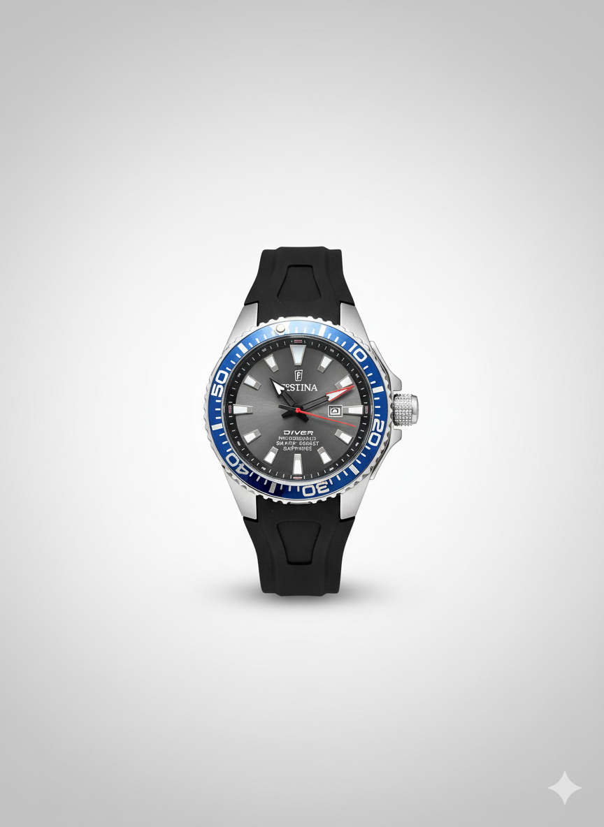 Montre Festina Diver 200M Saphir – Lunette Bleue & Bracelet Silicone Noir