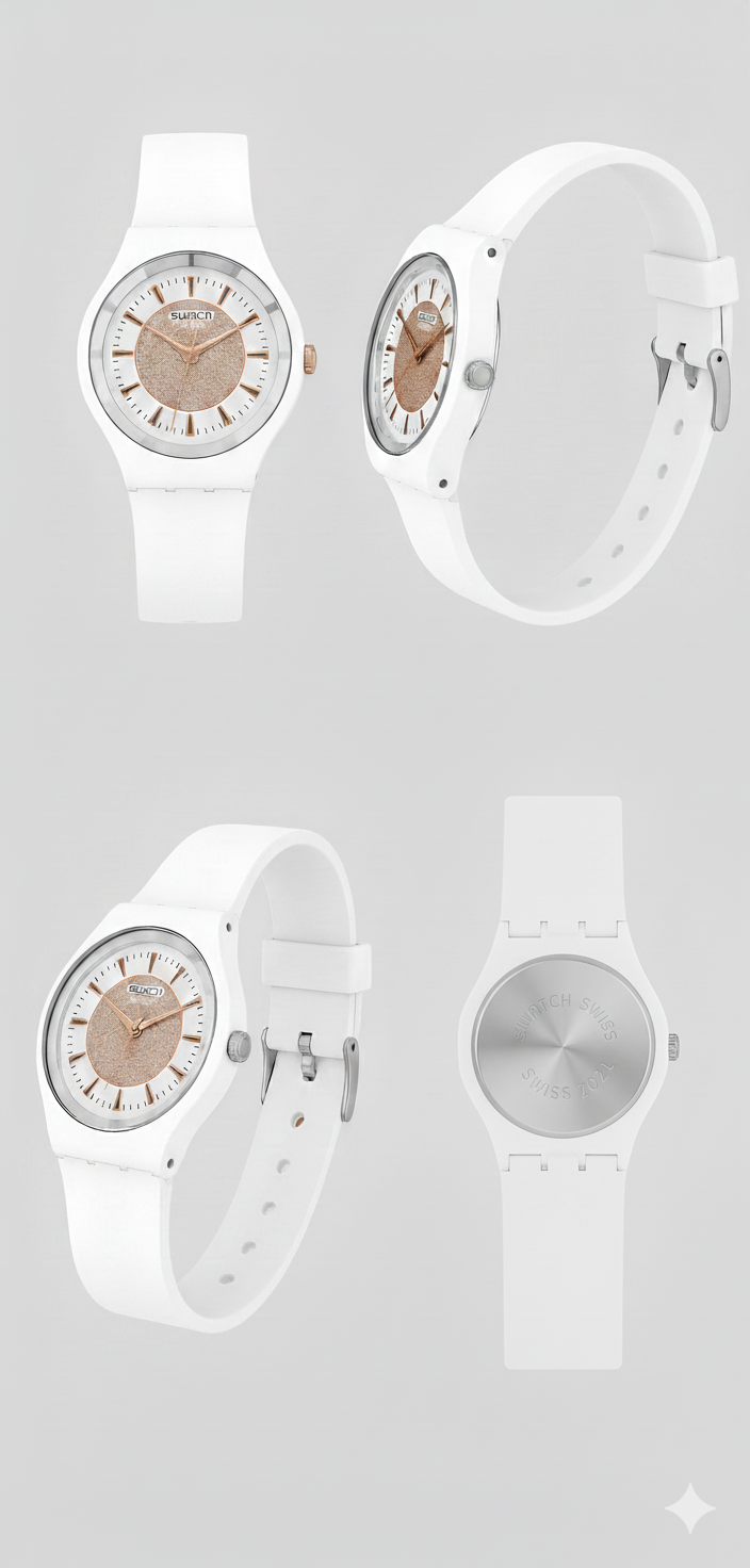 Swatch Femme Blanche Quartz Swiss – Design Élégant Blanc & Beige Doré | Résistante à l’eau, Garantie 2 Ans