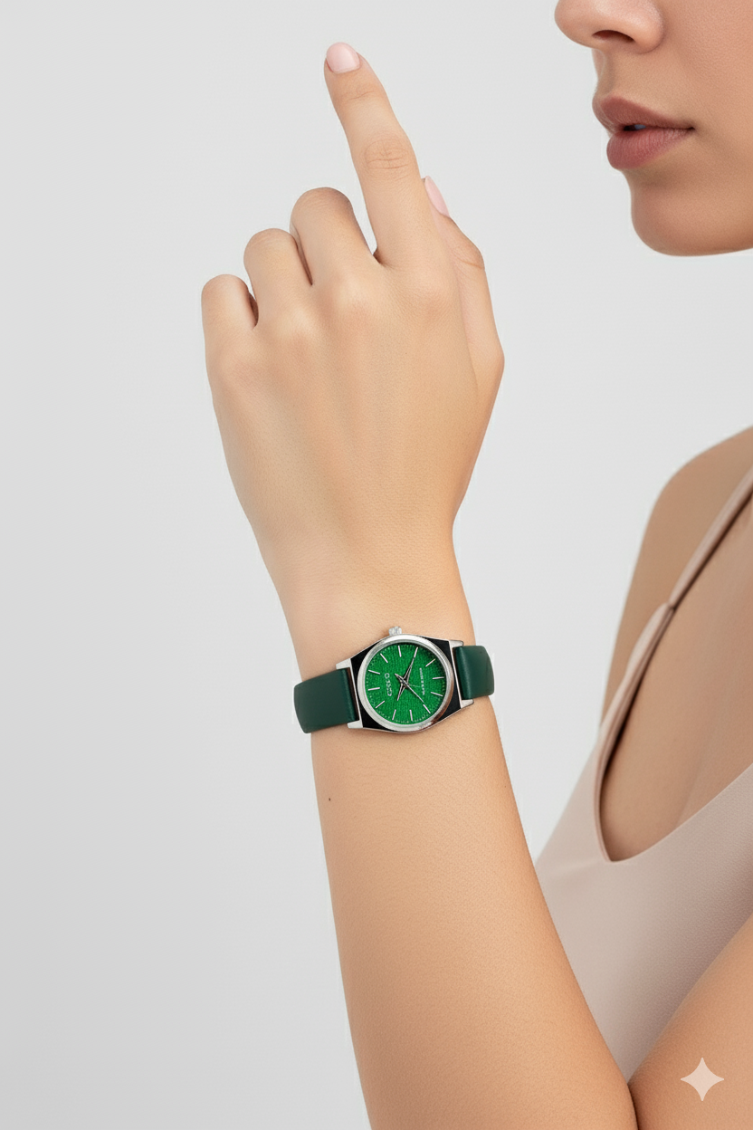 Casio Élégance Verte – Montre Femme Cuir Vert Classique