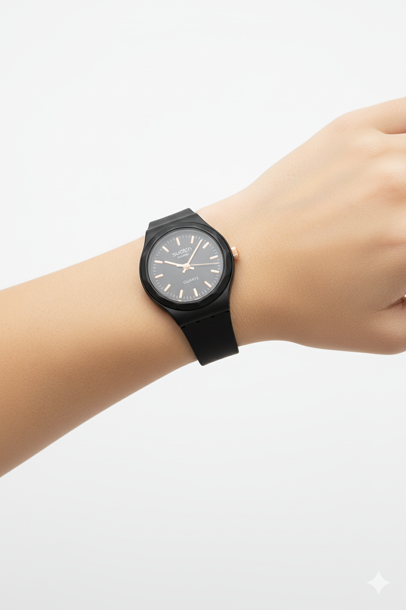 Montre Swatch Noire Mat & Or Rose - L'Élégance Minimaliste