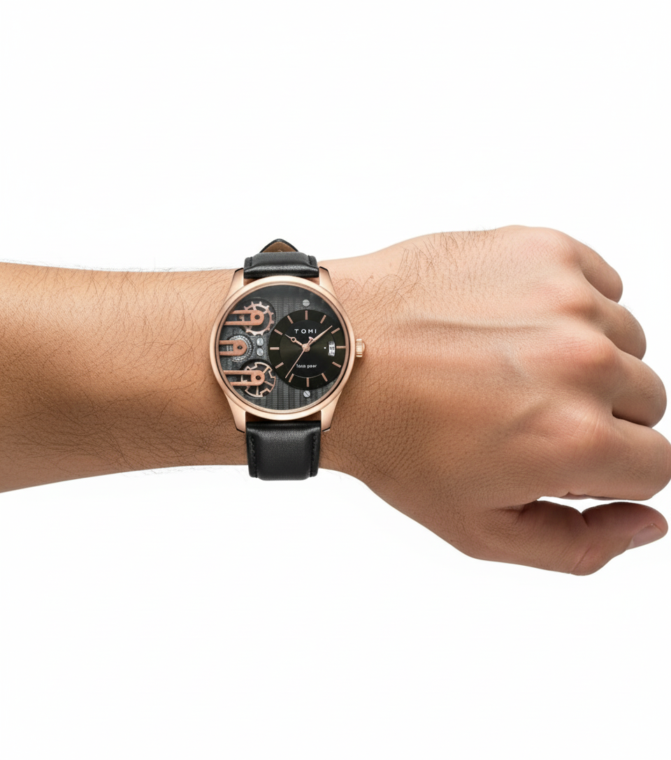 TOMI Gear Edition – Montre Design Mécanique + Coffret 2 Bracelets (Noir & Marron)