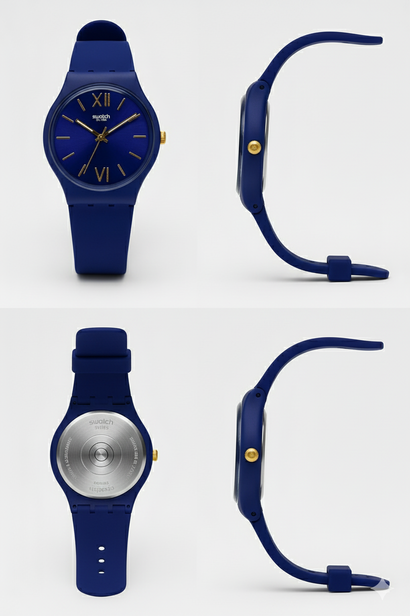Montre Swatch Bleue Marine Élégante avec Détails Dorés