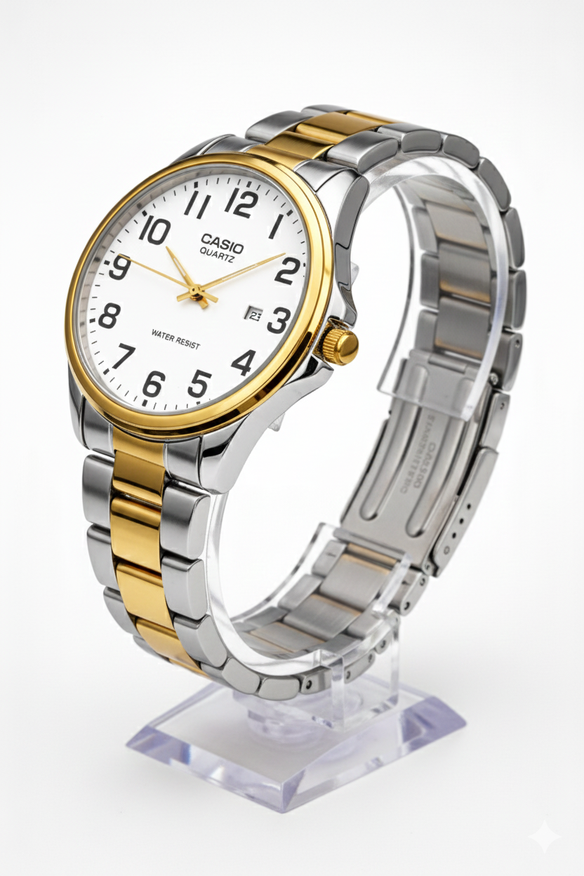 Montre Casio Quartz Bicolore pour Femme - Bracelet Acier Argenté et Doré - Cadran Blanc Chiffres Arabes - Résistante à l'Eau - Élégance Classique