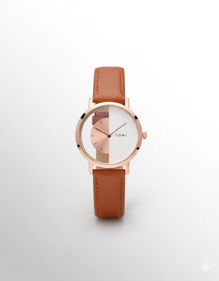TOMI – Coffret Cadeau Montre & Stylo Premium – Cuir Marron & Boîtier Rose Gold