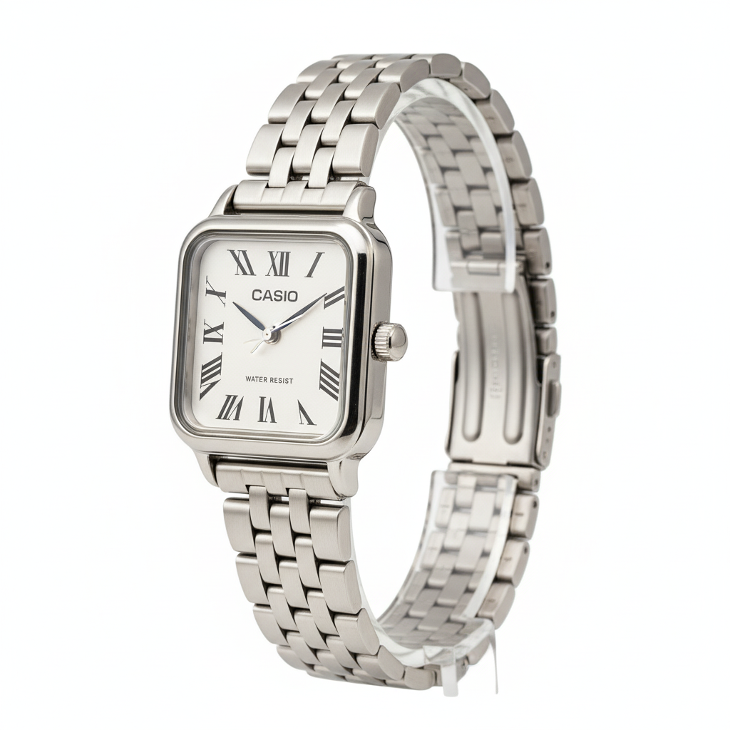 Montre Casio Femme Classique Carrée Aciée Cadran Blanc